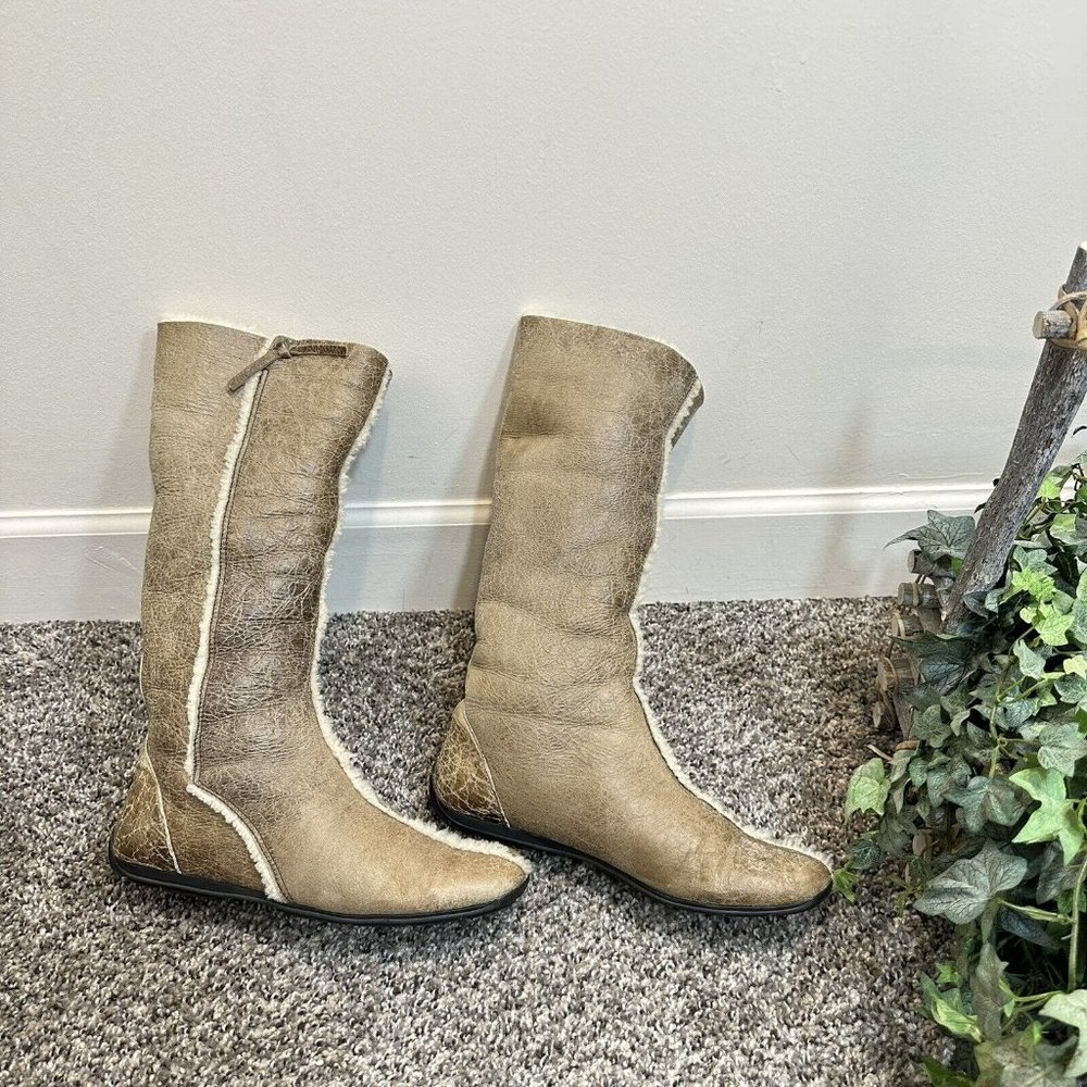 Prada Shearling Lined Distressed Leather Tall Boots Fold-over Tan Size 37 US  7 - Picture 6 of 7
